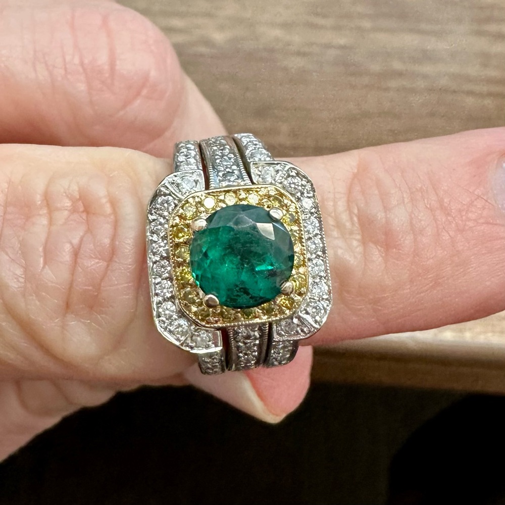 Elegant & unique bridal set with 14K gold, emerald and diamond rings.